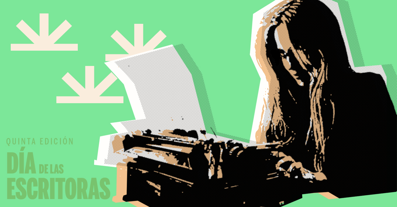 Una mujer escribe a máquina. El texto dice: Quinta edición. Día de las Escritoras. 